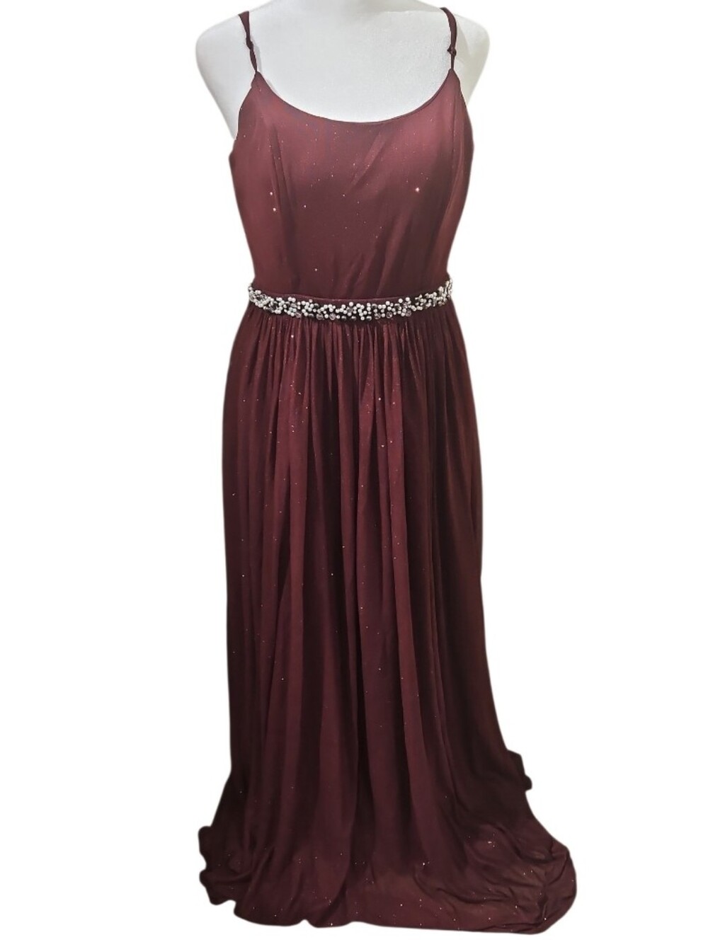 SPEECHLESS Burgundy Glitter Sheer Evening Gown Size 9 Beaded Flowing Faux pearl - Picture 13 of 17
